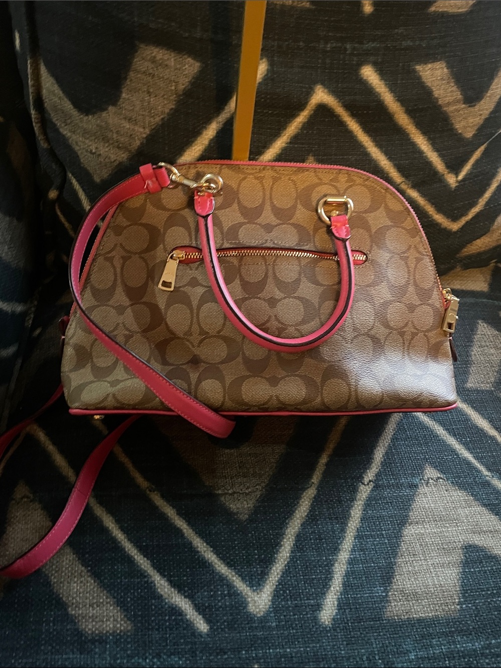 Coach Brown Signature Satchel with Pink Trim and Strap - Picture 11 of 11